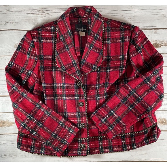 Vintage Positive Attitude Women's Size 18 Red Plaid Wool Blend Blazer Gold Trim - Picture 4 of 8
